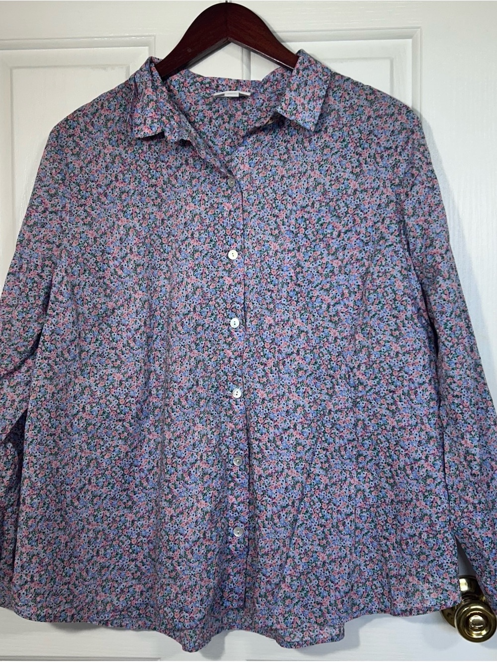 J. Jill Floral Button Up Shirt Womens Large Petite Blue Pink Cotton Long Sleeve